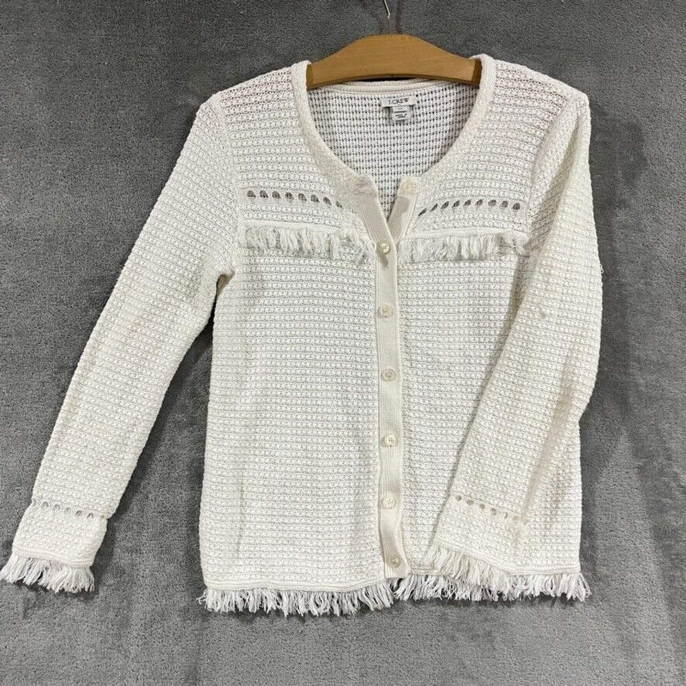J CREW Textured Knit Fringe Sweater Cardigan Cream Classy Preppy Womens XS